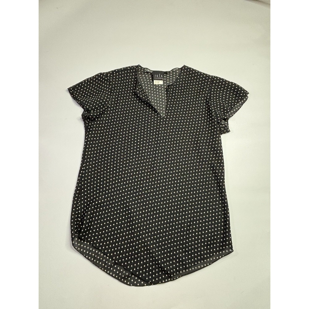 JKLA California‎ Blouse Shirt Women's L Black Polka Dot V-neck Old Money Classy